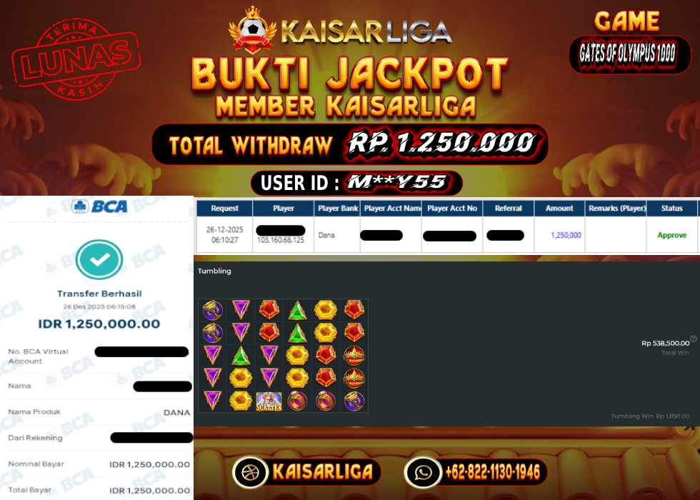 BUKTI JACKPOT SLOT KAISARLIGA RP. 1.250.000.- LUNAS