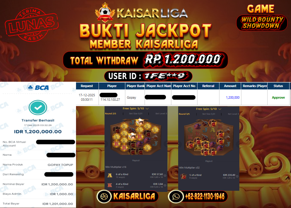 BUKTI JACKPOT SLOT KAISARLIGA RP. 1.200.000.- LUNAS