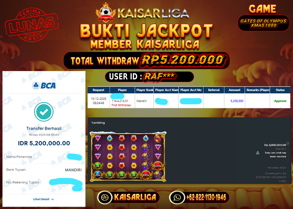 BUKTI JACKPOT SLOT KAISARLIGA RP. 5.200.000.- LUNAS