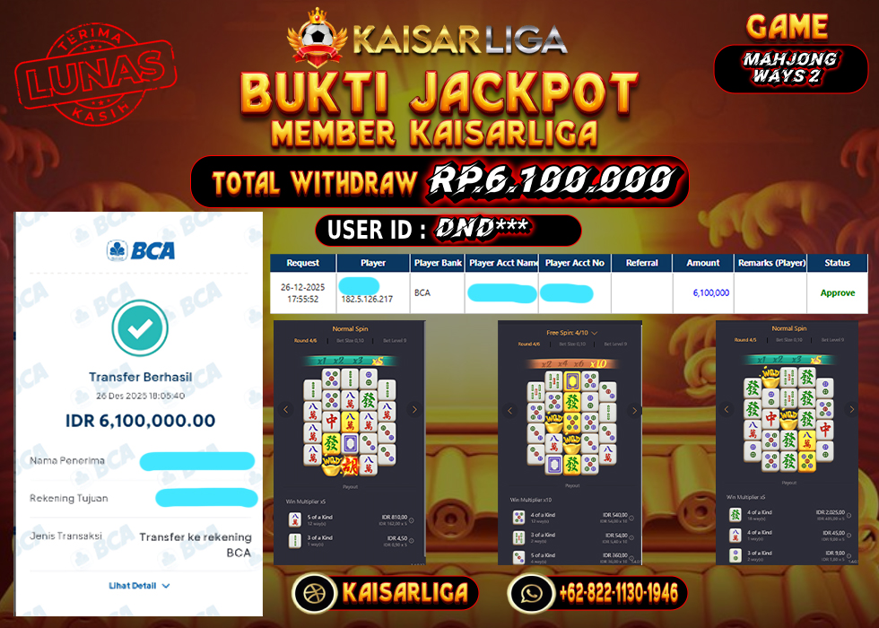 BUKTI JACKPOT SLOT KAISARLIGA RP. 6.100.000.- LUNAS