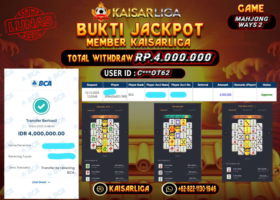 BUKTI JACKPOT SLOT KAISARLIGA RP. 4.000.000.- LUNAS