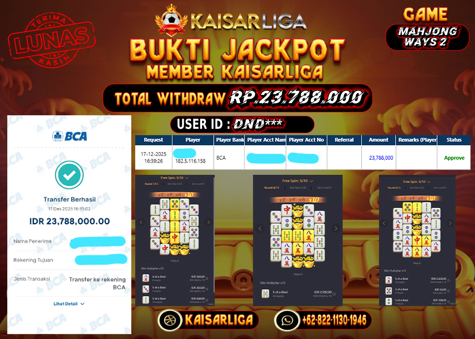 BUKTI JACKPOT SLOT KAISARLIGA RP. 23.788.000.- LUNAS