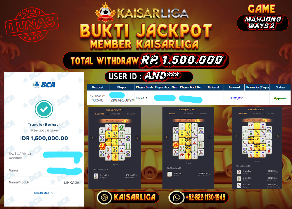 BUKTI JACKPOT SLOT KAISARLIGA RP. 1.500.000.- LUNAS