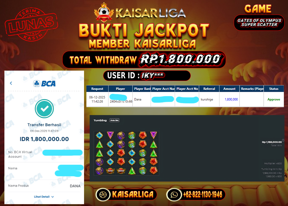 BUKTI JACKPOT SLOT KAISARLIGA RP. 1.800.000.- LUNAS