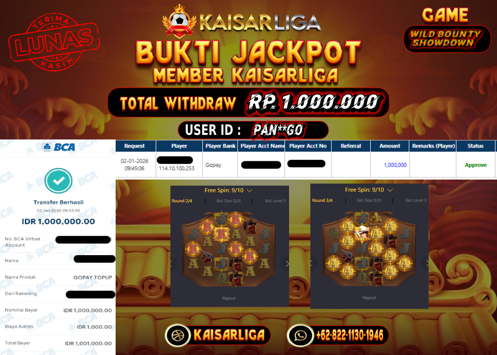 BUKTI JACKPOT SLOT KAISARLIGA RP. 1.000.000.- LUNAS