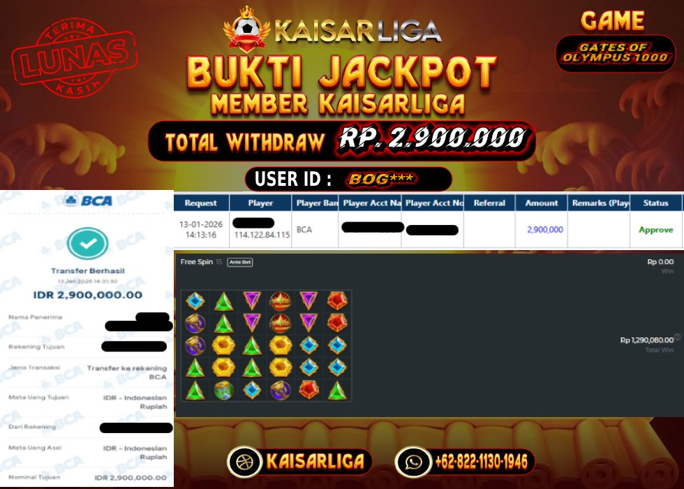 BUKTI JACKPOT SLOT KAISARLIGA RP. 2.900.000.- LUNAS