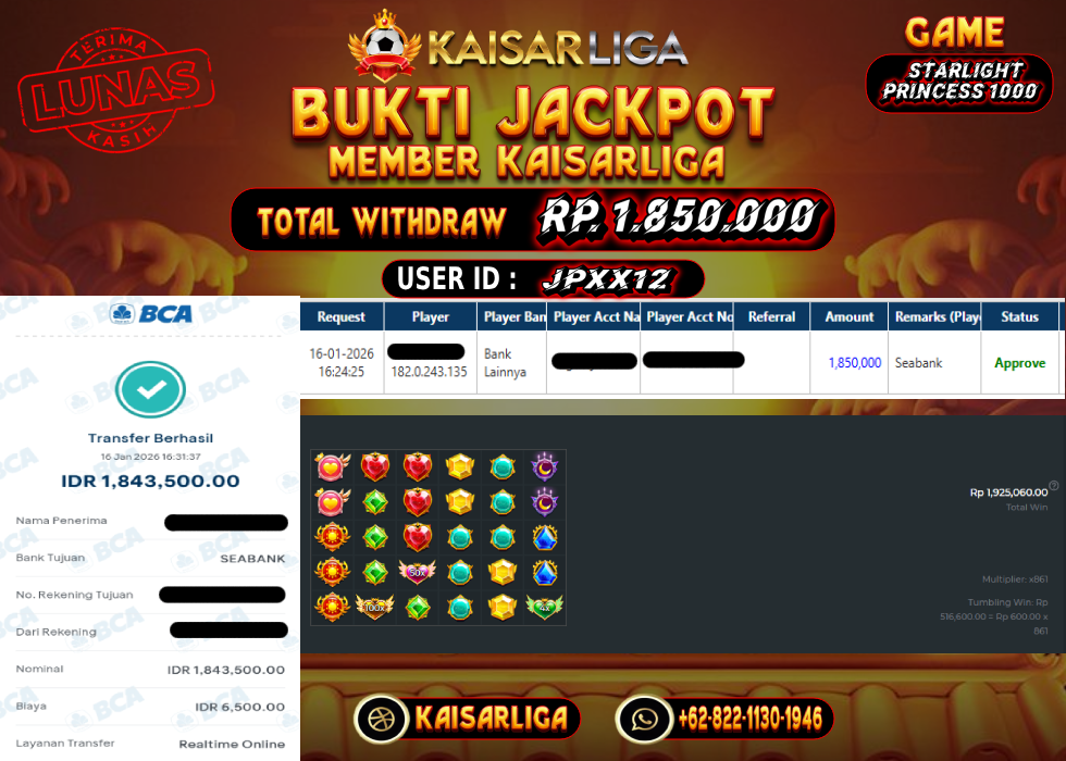 BUKTI JACKPOT SLOT KAISARLIGA RP. 1.850.000.- LUNAS