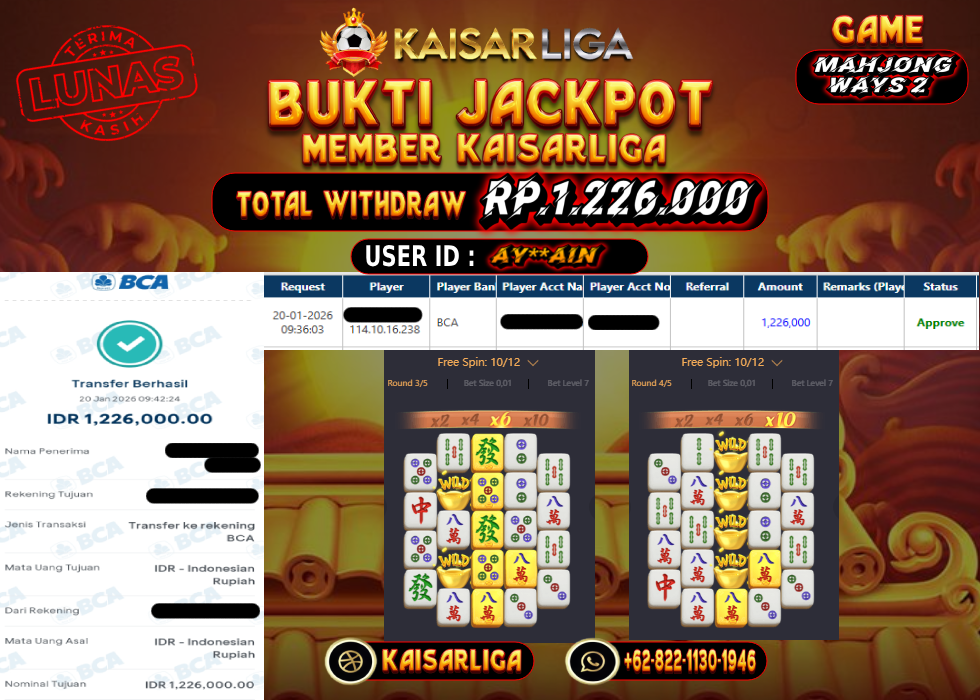 BUKTI JACKPOT SLOT KAISARLIGA RP. 1.226.000.- LUNAS