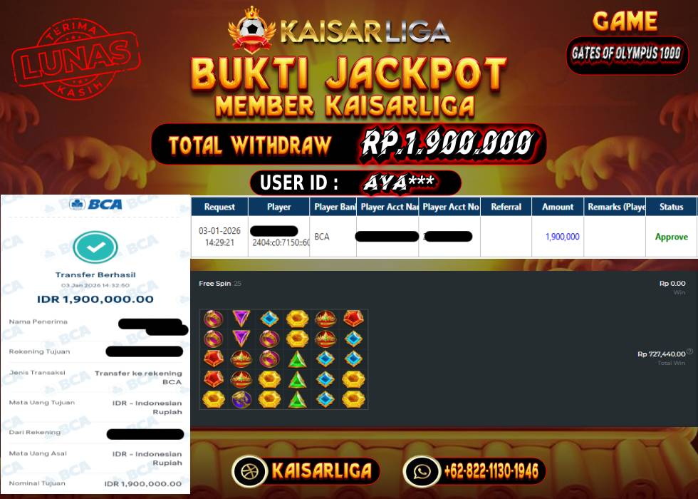 BUKTI JACKPOT SLOT KAISARLIGA RP. 1.900.000.- LUNAS