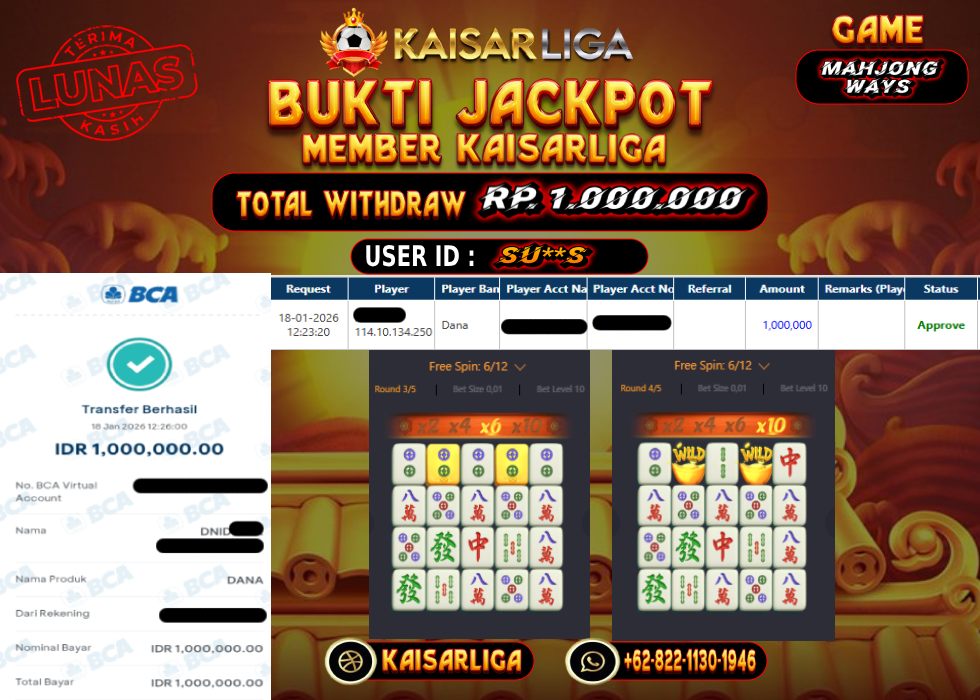 BUKTI JACKPOT SLOT KAISARLIGA RP. 1.000.000.- LUNAS