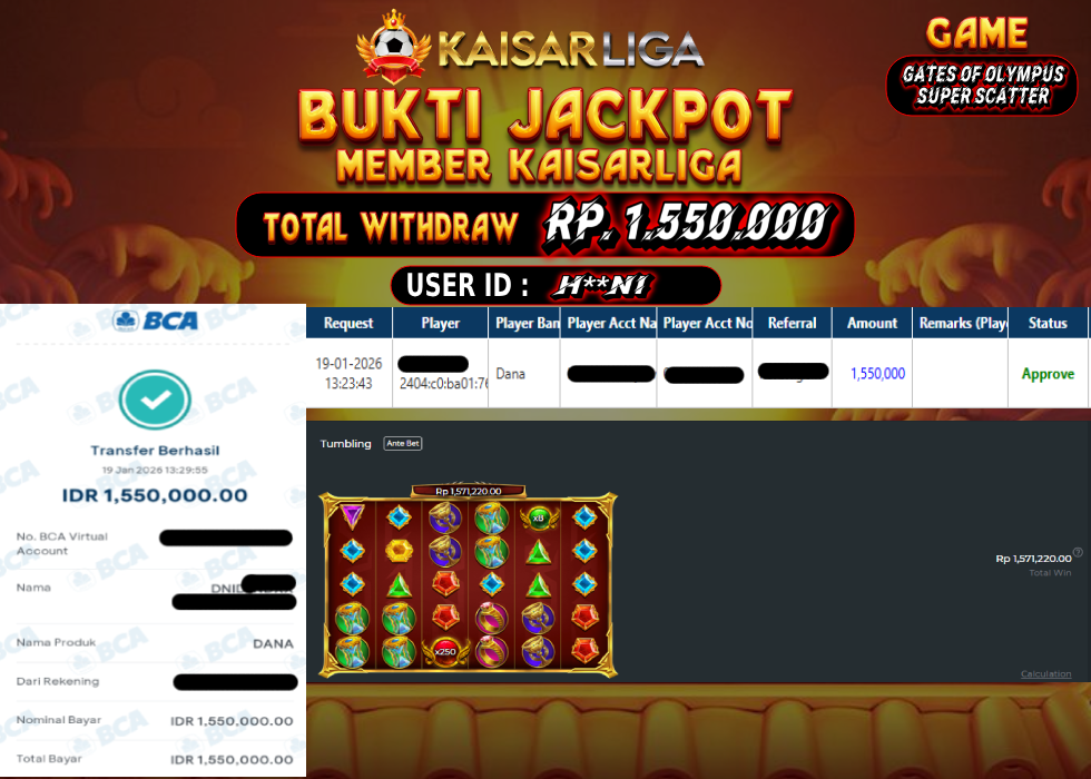 BUKTI JACKPOT SLOT KAISARLIGA RP. 1.550.000.- LUNAS