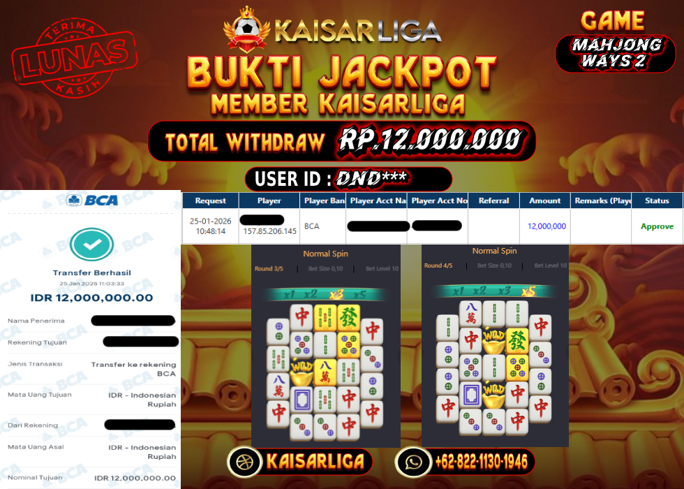 BUKTI JACKPOT SLOT KAISARLIGA RP. 12.000.000.- LUNAS