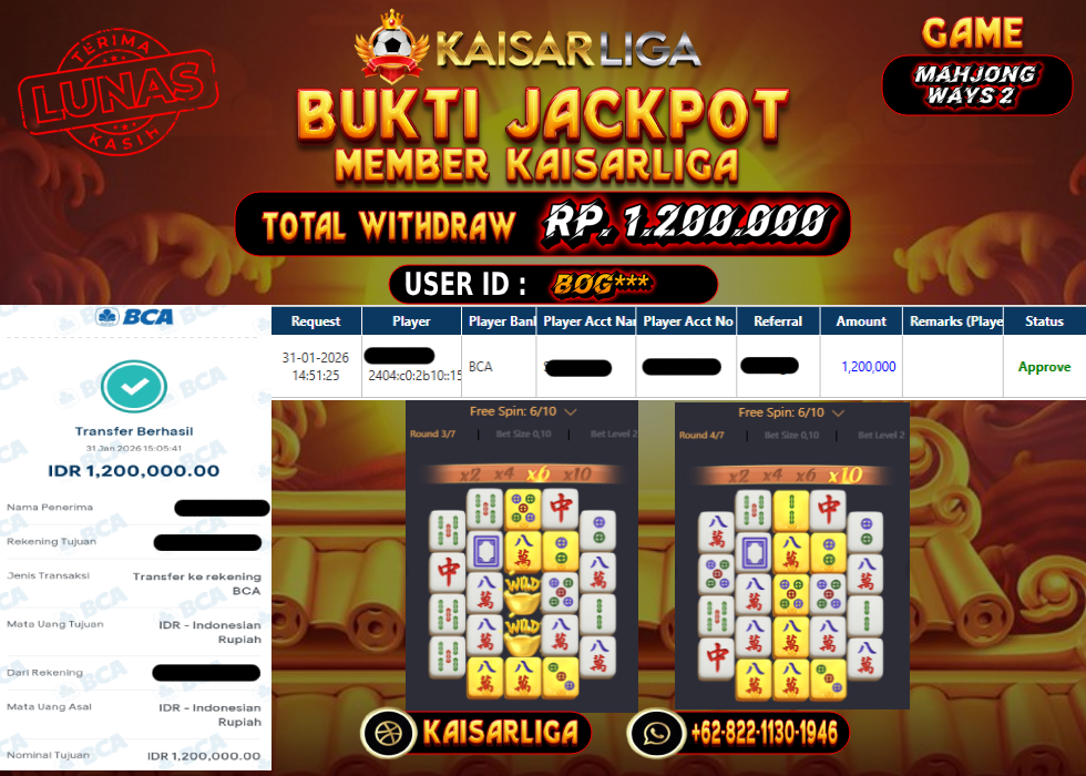 BUKTI JACKPOT SLOT KAISARLIGA RP. 1.200.000.- LUNAS