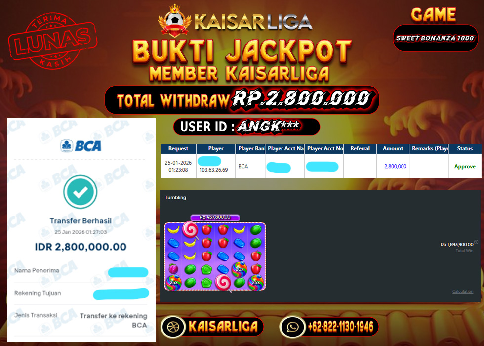 BUKTI JACKPOT SLOT KAISARLIGA RP. 2.800.000.- LUNAS