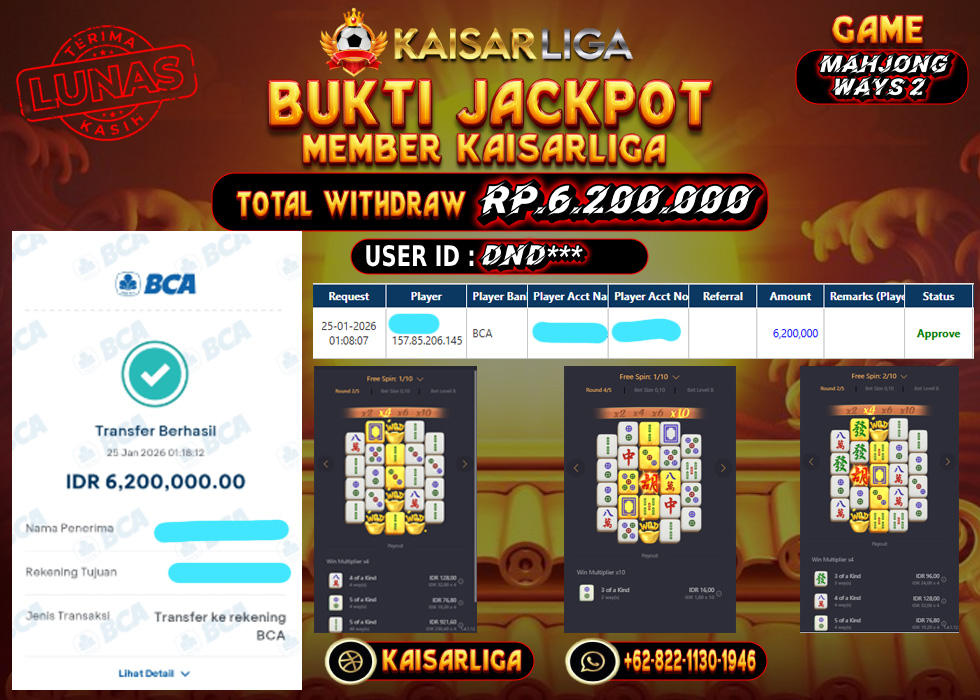 BUKTI JACKPOT SLOT KAISARLIGA RP. 6.200.000.- LUNAS