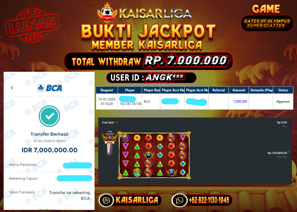 BUKTI JACKPOT SLOT KAISARLIGA RP. 7.000.000.- LUNAS