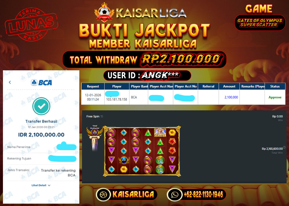 BUKTI JACKPOT SLOT KAISARLIGA RP. 2.100.000.- LUNAS