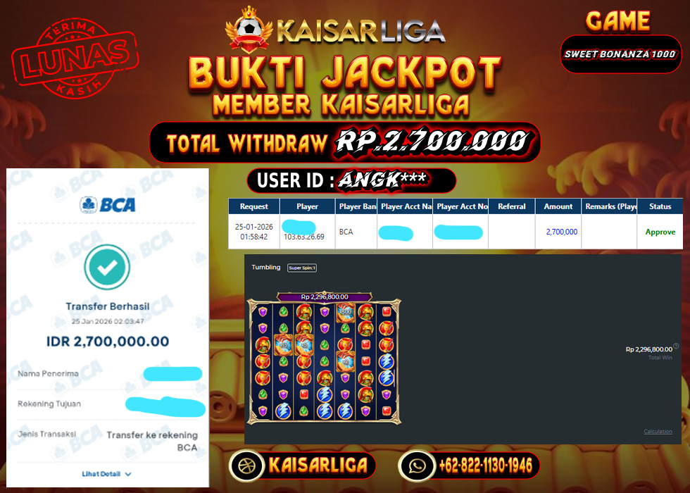 BUKTI JACKPOT SLOT KAISARLIGA RP. 2.700.000.- LUNAS